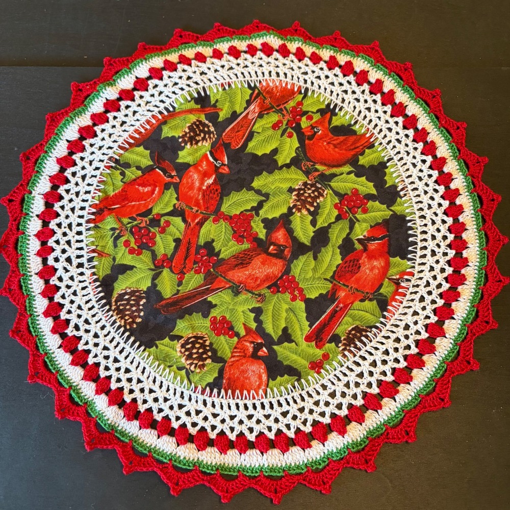 Vintage Christmas Cardinal Holly Round Doily Handmade Crochet Border 12 Inch